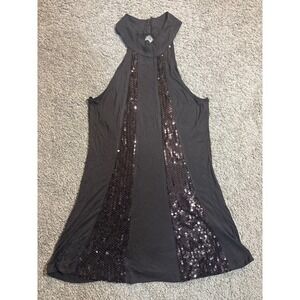 Shelly Sequin Halter Top Charcoal Gray Sleeveless Keyhole Back Rayon Small T3386